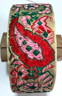 Vintage Francés Seda Jacquard Borde Paisley Rojo, Rosa, Gr, Oro Mate 1 1/2"W (B32A) Foto 1 de 4
