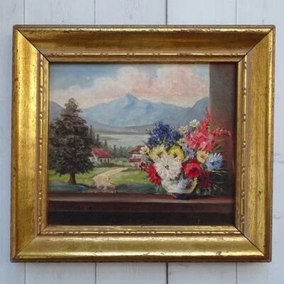 Old Miniature Landscape Oil Painting E. Kothera Vase Flowers in Window 7.25x6.5 - Image 1 of 4