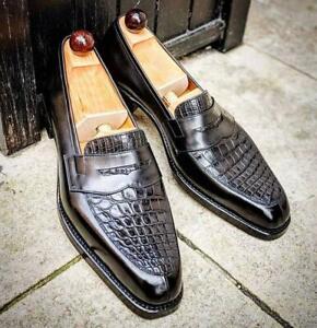 Handmade Men's Brown Square Toe Slip Ons Crocodile Texture Leather Dress Shoes