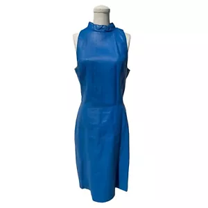 Vintage 80s Ambria Blue Leather Fitted Sleeveless High Neck Dress Size 10 - Picture 1 of 13