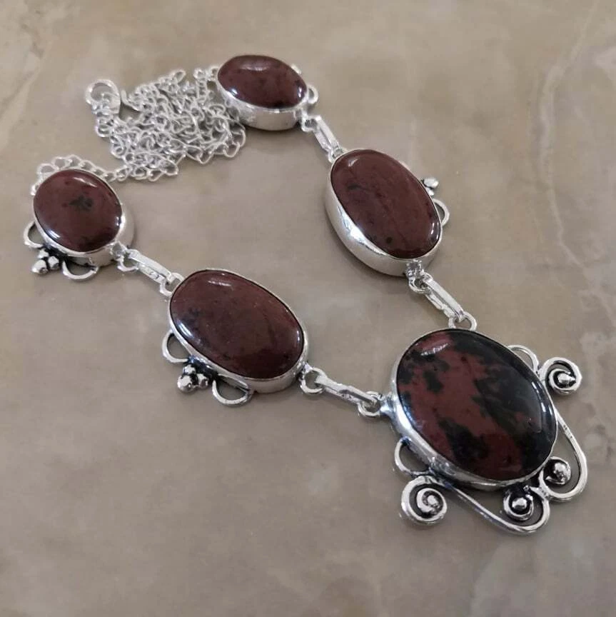 Handmade Naturale Ossidiana Mogano 925 Argento Sterling Collana 20 " #N01656 - Immagine 1 di 1