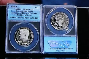 2019 S PR 70 DCAM Kennedy 1st Day of Issue and Explore and Discover Coin Set - Picture 1 of 3