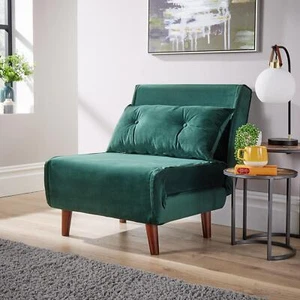 Single Sofa Bed Folding Chair Velvet Green Wooden Legs One Pillow Home Furniture - Picture 1 of 11