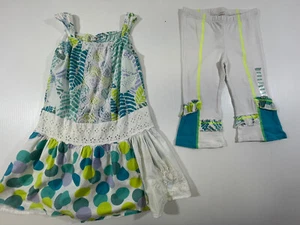 Naartjie Girls White Teal 100% Cotton Tank Dress Cropped Pants 2Pc Set Size 6 - Picture 1 of 6