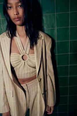 ZARA Rayas Arena - Chaqueta, Pantalones y Top Traje Mezcla Lino Marl NUEVO CON ETIQUETAS S-M Foto 1 de 4