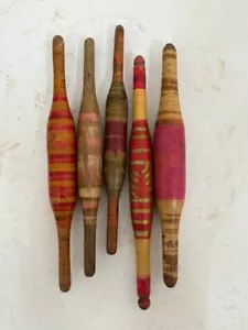 Lot of 5 Antique Wooden Chapati Bread Rolling Pin Belan Original Lacquer Painted - Picture 1 of 5