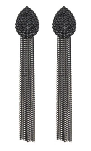 Clip On Earrings - black crystal teardrop with a long chain fringe - Brook - Picture 1 of 3