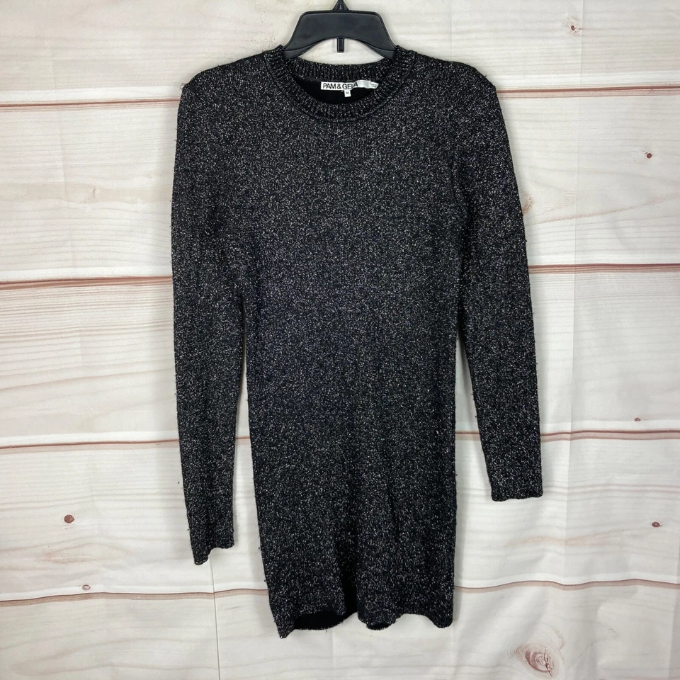 Vestido Pam & Gela Para Mujer M Negro Brillo Mini Suéter Manga Larga Cuello Redondo Tejido Foto 1 de 4