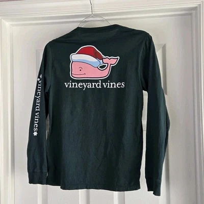 Vineyard Vines Santa whale hat long sleeve green Christmas tee Boys L 16 Holiday - Image 1 of 4