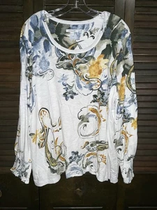 Chico’s Top Shirt Size 4 XXL Blue White Floral Long Sleeve Stretch Paisley NEW - Picture 1 of 4