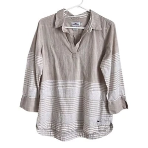 Vineyard Vines Womens Medium Popover Top Tan White Stripe Coastal Preppy Neutral - Picture 1 of 8