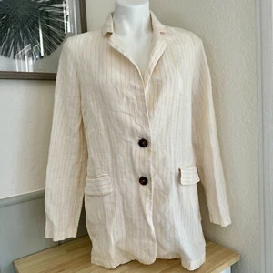 Cynthia Rowley Sz Small 100% Linen Blazer Jacket Ivory Yellow Stripe Lightweight - Picture 1 of 7