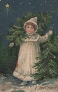 Postal - Navidad - Abrigo Blanco Niña - Árboles de Navidad - Estrella - Usado/Publicado - Imagen 1 de 2