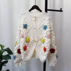 Womens 3D Flower Round Neck Loose Knitted Sweater Fashion Cardigan Outwear Coat - Picture 1 of 14