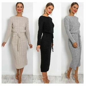Para mujeres Damas Tejido Bolsillo Cable Atado Largo Mediodía Fiesta Jumper Vestido - Imagen 1 de 15