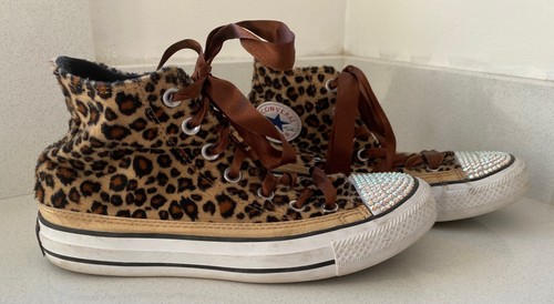 Converse All Star High Top youth brown leopard print crystal boots Trainers 4