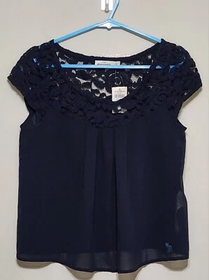 NWT Abercrombie Kids Girl's Junior's Navy Blue Lace Sheer Top Scoop Neck - Sz L  - Image 1 of 4