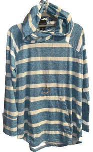 NWT LuLaRoe Large Off White & Blue Striped Knit Amber Hoodie SWEATSHIRT - Picture 1 of 7