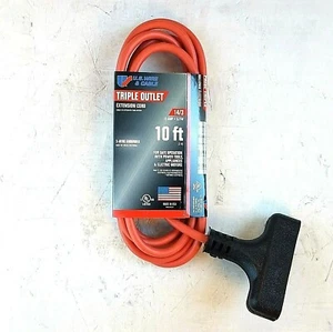 10' 14 Gauge Orange Extension Cord w Triple Outlet - MADE IN USA - Picture 1 of 2