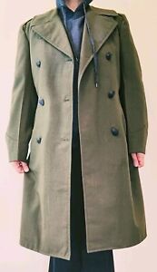 Vintage Trench Overcoat 38S 100% Wool Serge Green - Excellent Condition 