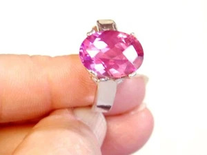 Pink Lab Sapphire Size 7.5 Ring 925 Sterling Silver USA Made 8ct Checkered Cut - Picture 1 of 10