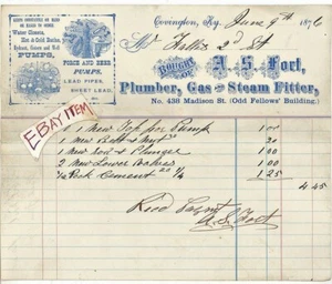 1876 COVINGTON KENTUCKY A. S. FORT Plumber Gas Steam FILTER ODD FELLOWS BILLHEAD - Picture 1 of 1