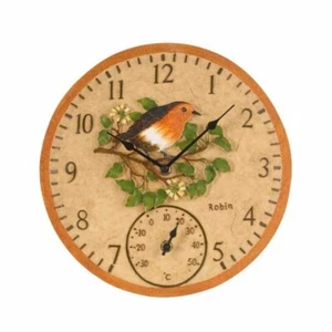 Robin Clock 12in Detailed Garden Wall Clock And Thermometer Outdoor Smart Garden - Picture 1 of 2