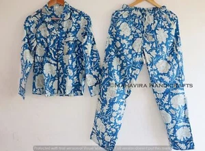 Conjunto de pijama de mujer gitana ropa de dormir hippie azul estampado floral de algodón indio - Imagen 1 de 6