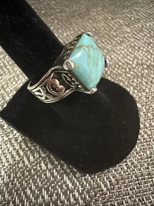 Anello Artigianale Argento 925 e Pietra Turchese Quadrata Ornato Statement - Misura 5 - Foto 1 di 8