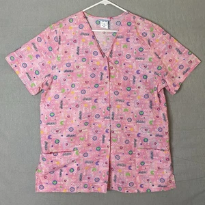 SB Fashion Scrubs Womens Size XL Pink Snap Front Happy Lucky Babe - Picture 1 of 10