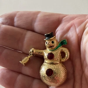 Gold Tone Vintage Snowman Brooch with Bell-Red Buttons, Green Enamel Scarf, Hat - Picture 1 of 4