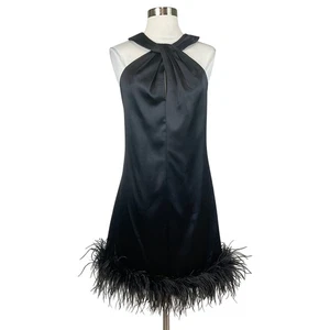 Eliza J Women's Cocktail Dress Size 10 Black Satin Feather Trimmed Mini Shift - Picture 1 of 11