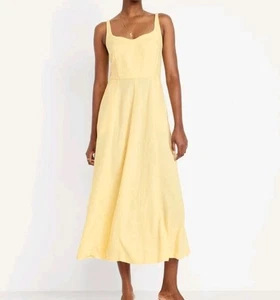 Vestido midi Old azul marino ajustado y acampanado sin mangas amarillo mezcla de lino, M alto - Imagen 1 de 10