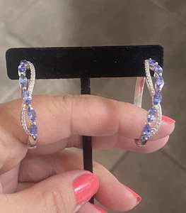 Gem Treasures Sterling Silver Tanzanite & White Zircon Large Hoop Earrings NWT - Picture 1 of 14