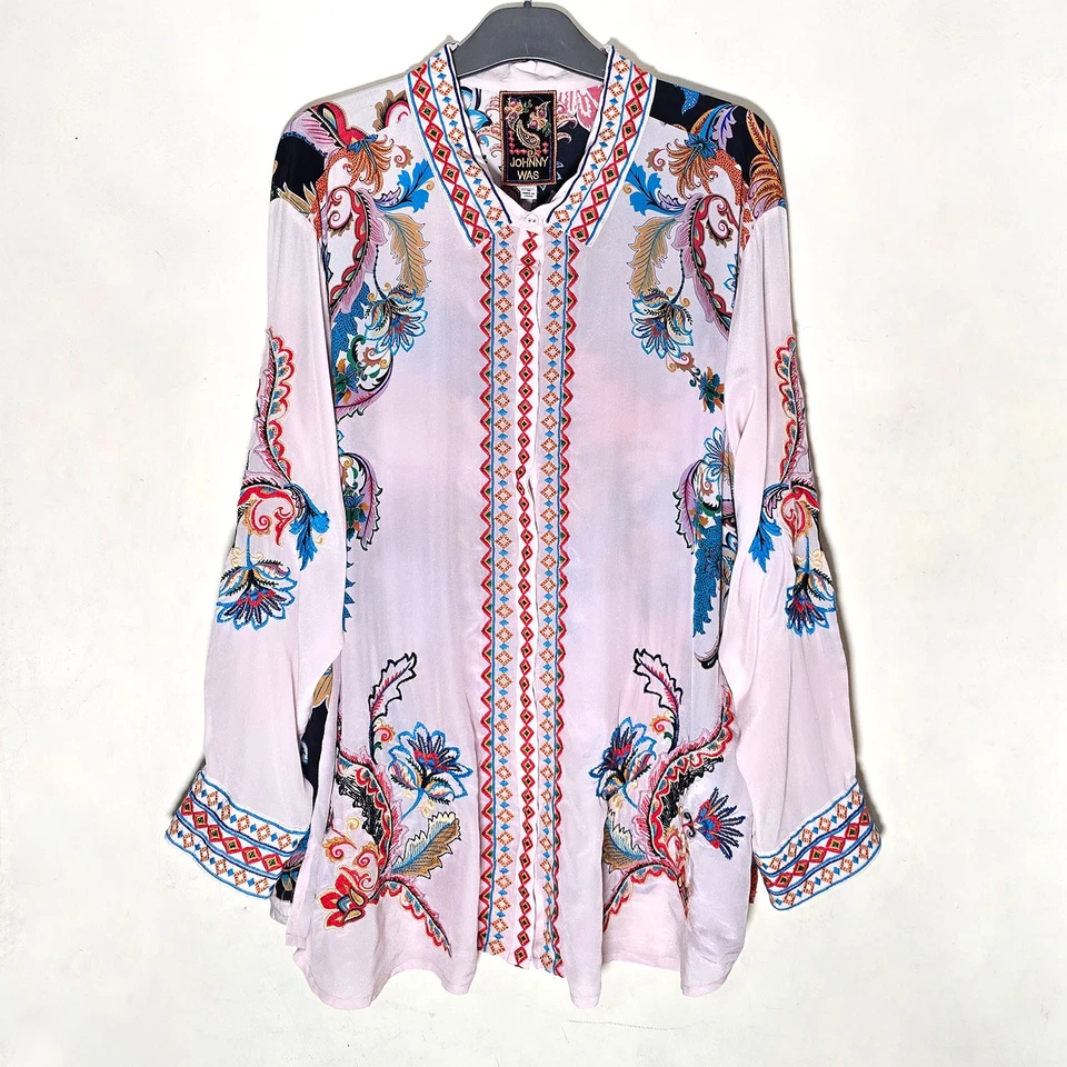 New Johnny Was Embroidered Button Down Morelia Silk Blouse Shirt  1X - Image 1 of 4