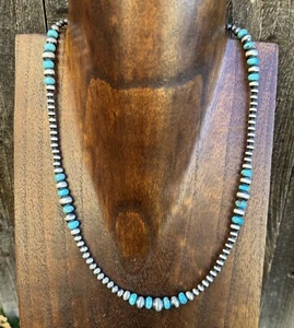 Southwestern Sterling Silver Turquoise 4mm Pearls Bead Necklace. 18 Inch. Gift - Picture 1 of 12
