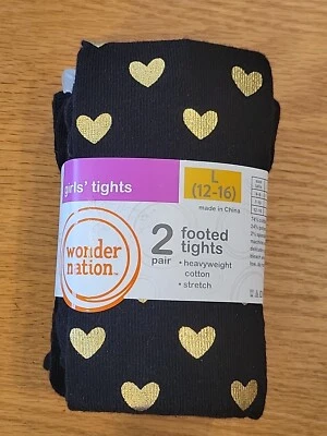 NEW Wonder Nation Girls Large 12-16 Tights 2 Pair Gold Foil Hearts & Solid Black - Image 1 of 4