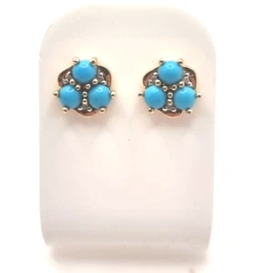 9ct Gold Stud Earrings Turquoise Cabochon & Diamond Cluster - 9ct Yellow Gold - Picture 1 of 10