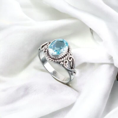 Anillo de piedras preciosas naturales de topacio azul cielo para mujer regalo de plata de ley 925 Foto 1 de 4