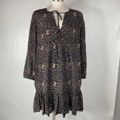 Madewell Size 8 Black Fiesta Paisley Silk Ruffle Hem Mini Dress Long Sleeve Boho - Image 1 of 4