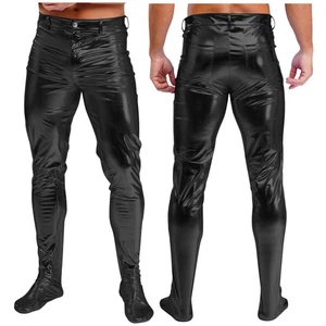 Men Pants Wet Look Trousers Faux Leather Pantyhose Performance Halloween Party - Picture 1 of 30