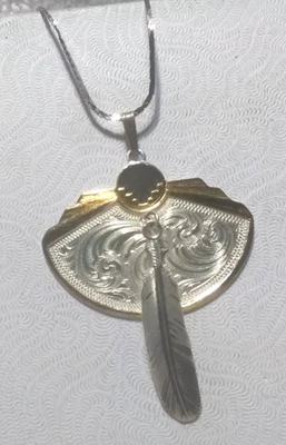 Montana Silversmiths Silver Gold Swirl Half Moon Pendant Dangle Feathers Great - Image 1 of 4