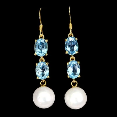 925 Sterling Silver Earrings Oval Swiss Blue Topaz 8x6mm Pearl Gemstone Jewelry - Image 1 of 4