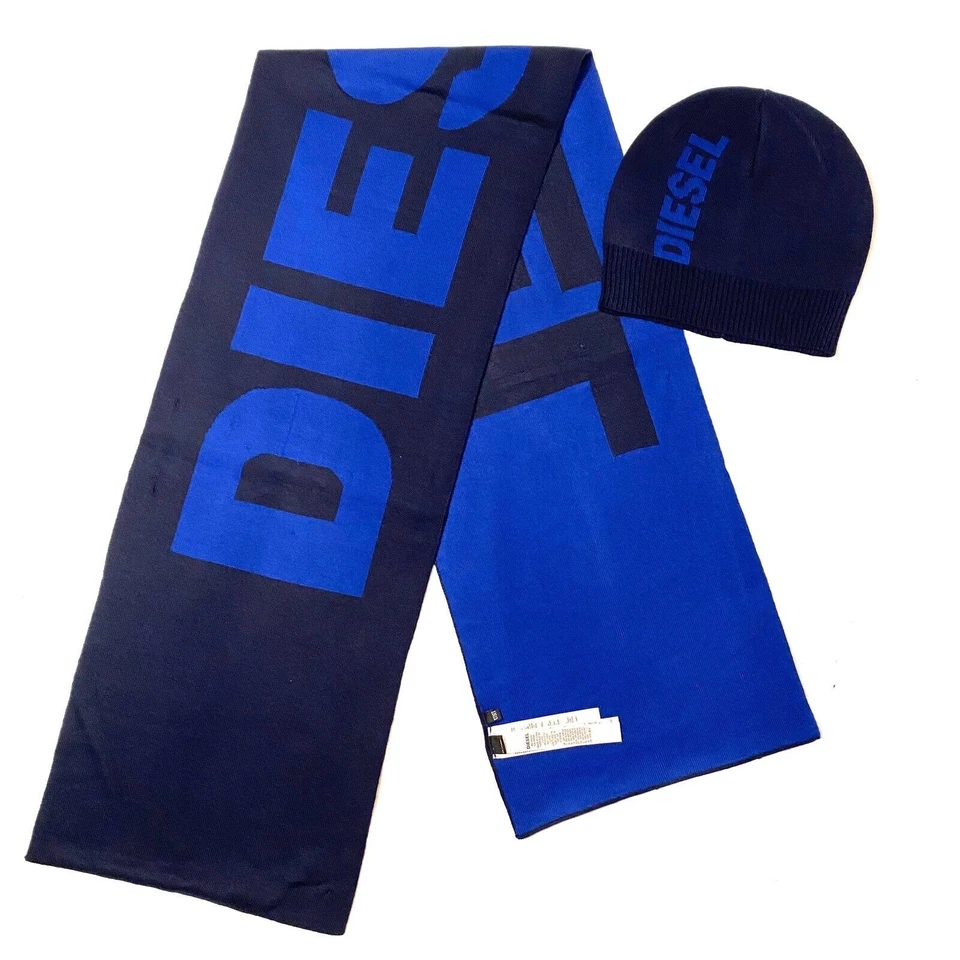 DIESEL Italia Mezcla de Lana Sombrero y Bufanda [E4086] 64 x 12 IN 2 Piezas AZUL PACAT Conjunto Foto 1 de 4