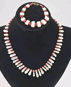 Victorian Red Coral & Fluted MOP Pickets & Berries Necklace & Matching Bracelet - Picture 1 of 8