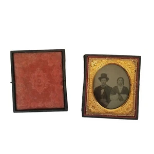 Antique Photograph Daguerreotype Tin Photo Portrait Case Man Woman Civil War Era - Picture 1 of 12
