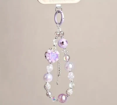 Pulsera pulsera con dije de teléfono de lujo con cuentas de diamantes de imitación de corazón rosa brillante púrpura Foto 1 de 4
