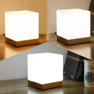 Nordic Style Desk Lamp Square Glass Sahde Table Lamp Wooden Base Indoor Lighting - Picture 1 of 8