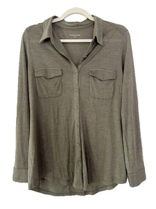 Eileen Fisher Button up Top Size Medium Green Silk Blend Roll Tab Sleeve - Picture 1 of 5