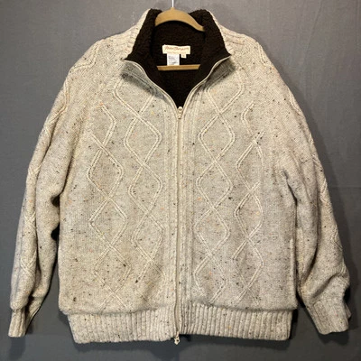 Norm Thompson Sweater Men XL Tan Lined Collar Full Zip Cable Grandpa Cozy 3D - Image 1 of 4